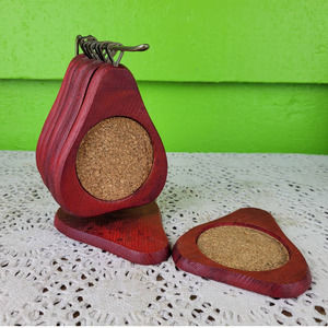 Vintage Price Import MCM Mid Century Modern Pear Wooden Coaster Set w/ Caddy